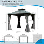 Domi 10’ x 10’ Hardtop Gazebo Metal Frame Canopy with Netting & Curtains, Outdoor Permanent Metal Pavilion with Galvanized Steel Double Roof for Patio Lawn and Garden, Gray