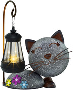 Glintoper Solar Garden Statue Cat Figurine with Lantern, Outdoor Metal Kitten Whimsical Lawn Porch Yard Art, Mothers Day Ideal Gifts, Lighted Ornaments for Patio Pathway Yard Decoration