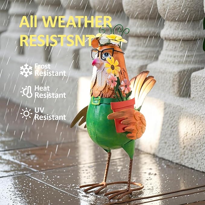 Natelf Metal Chicken Statue for Outdoor Home Decor Cute Rooster Hen Garden Sculpture with Vintage Glasses, Weather-Resistant Farmhouse Art for Yard, Patio, Coop, or Housewarming Gift for Mom, Friends