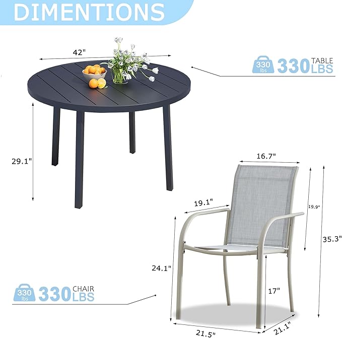 5 Pieces Round Dining Table Set for 4, Patio Dining Set Includes 4 Beige Blue Stackable Patio Chairs and 1 Black Round Table, Patio Furniture Setss with Sling Support for Outside, Garden