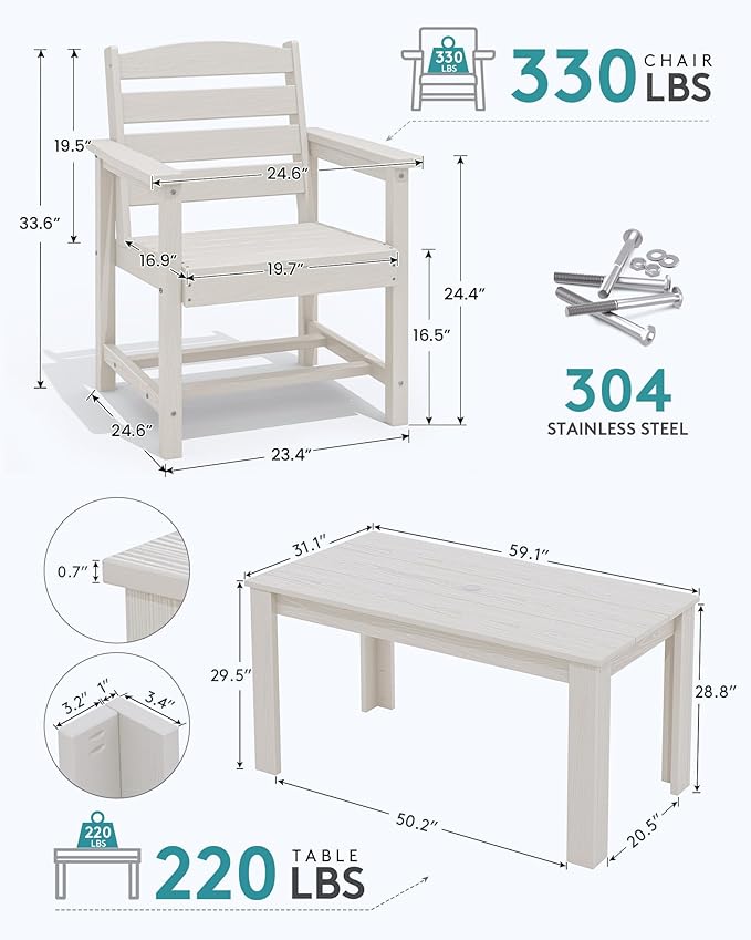 SERWALL Patio Dining Set for 4, Outdoor Dining Sets for 4 Person with 1 Umbrella Hole Cut-Out Rectangular Table and 4 Chairs, HDPE Dining Sets for Garden, Backyard, Poolside, White
