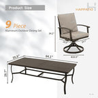 HAPPATIO Aluminum 9 Piece Patio Dining Set, Outdoor Swivel Dining Chairs and Dining Table, Aluminum Outdoor Dining Set for 8, Patio Dining Furniture with Washable Cushions (Black)