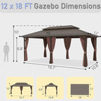 12'x18' Hardtop Gazebo, Outdoor Aluminum Frame Galvanized Steel Double Roof Pavilion with Netting and Shaded Curtains, Permanent Metal Pergolas for Patio, Backyard, Deck and Lawns.