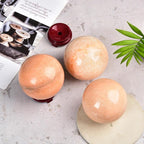 JIC Gem Natural Sunstone Sphere Ball with Wooden Stand for Fengshui Rare Healing Crystal Ball Decoation Meditation Energy Reiki Ball (90-100mm)