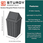32 Gallon Square Slatted 100% Recycled Plastic Heavy Duty Outdoor Commercial Trash Can with Swing Top Lid | Great for Schools and Businesses - Dark Granite