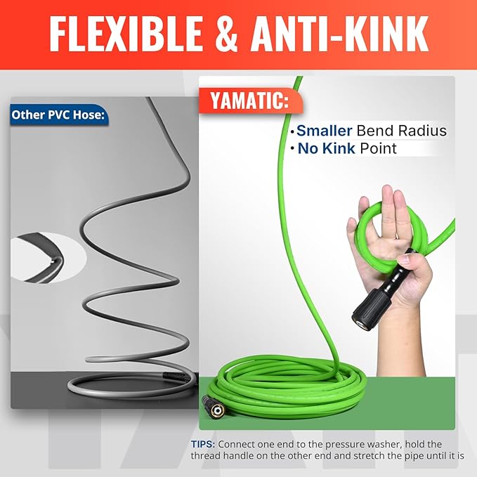 YAMATIC Flexible Pressure Washer Hose 50FT, 3400 PSI 1/4'' Power Washer Hose Replacement for Gas&Electric Washer, Kink Resistant Extension Leak-Free M22 Fittings, Green
