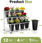 3 Layers Flower Display Stand with Buckets, 12 PCS Buckets Plant Stand with Wheels, Movable Metal Plant Stand for Terrace Garden, Living Room, Florist Shop