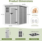 6x6 FT Grey Resin Garden Storage Shed - Waterproof Outdoor Storage with Floor, Lockable Door, Window & Vents - All-Weather PP Plastic Shed for Backyard, Patio, Bikes, Tools & Seasonal Gear