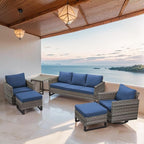 Wicker Patio Furniture Set, 6 PCS Outdoor Patio Furniture Set with Swivel Chairs, Includes 2 Swivel Patio Chairs, 1 Outdoor Couch, 1Side Table and 2 Ottoman, Grey/Blue