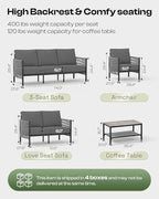 Aluminum Outdoor Patio Furniture Set, HDPE Rope 5 Piece Modern Sectional Conversation Sets with Dual-Layer Coffee Table, All Weather Patio Couch Sofa with Thick Cushions, Gray Frame, Charcoal