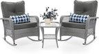 UDPATIO 3 Piece Patio Furniture Set, Wicker Rocking Bistro Set with 2 Rockers, 1 Side Table and 4‘’ Thick Cushions for Backyard, Porch, Balcony, Poolside, Porch, Balcony, Poolside, Grey