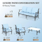 HERA'S HOUSE 6 Piece Patio Furniture Set, 2 x Rocking Chair, 2 x Fixed Chair, 1 x 3-Seat Sofa with Marbling Coffee Table, All Weather Outdoor Conversation Set for Lawn Garden Backyard, Blue