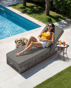 Luxury 2PCS Outdoor Chaise Lounge and Side Table Set with 5 Inch Thick Cushions - High Back Brown Wicker Patio Recliners Chairs Lounger for Poolside Pool Porch Garden Sunbathing - Grey