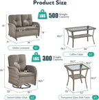 5 Piece Patio Furniture Set - Wicker Patio Conversation Set with Swivel Glider, Glider Loveseat, Tempered Glass Side Table and Coffee Table for Deck Backyard - Grey Wicker Grey Cushion