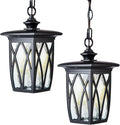 JYZ 2 Pack Outdoor Pendant Light Fixture, 12'' Exterior Hanging Lantern, Modern Black Metal Outside Chandelier Light Fixture Ceiling Mount with Water Ripple Glass & Adjustable Chain for Porch, Gazebo