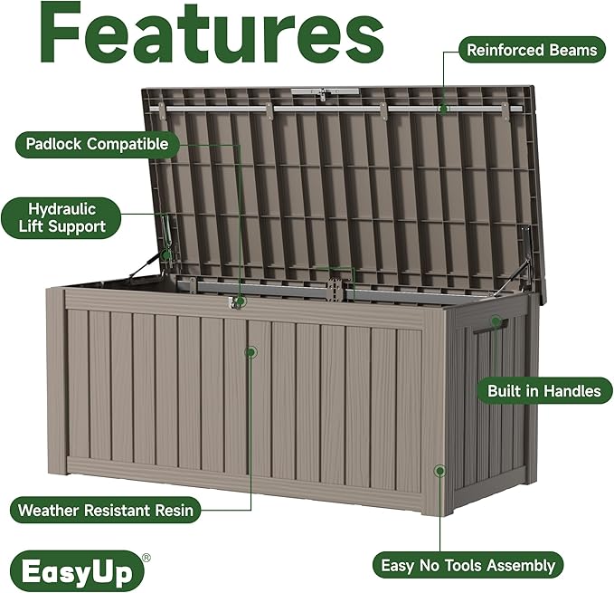 EasyUp 120 Gallon Outdoor Storage Box, Resin Waterproof UV-Resistant Deck Box with Hydraulic Lid Support, Reinforced Stability for Patio, Garden, and Poolside, Striped Gray