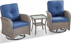 HUMMUH 3 Piece Outdoor Rocking Chairs Bistro Set-All Weather Wicker Outdoor Swivel Chairs Set of 2 with Side Table Small Patio Furniture Set for Deck Lawn Porch Balcony Poolside-Grey/Blue
