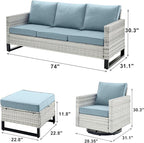 Wicker Outdoor Patio Furniture Set - 6 Piece Patio Conversation Set with 2 Swivel Rocker Chairs,2 Rattan Ottoman,1 Couch and 1 Metal Side Table for Outside Porch Deck Backyard(Light Grey/Sky Blue)