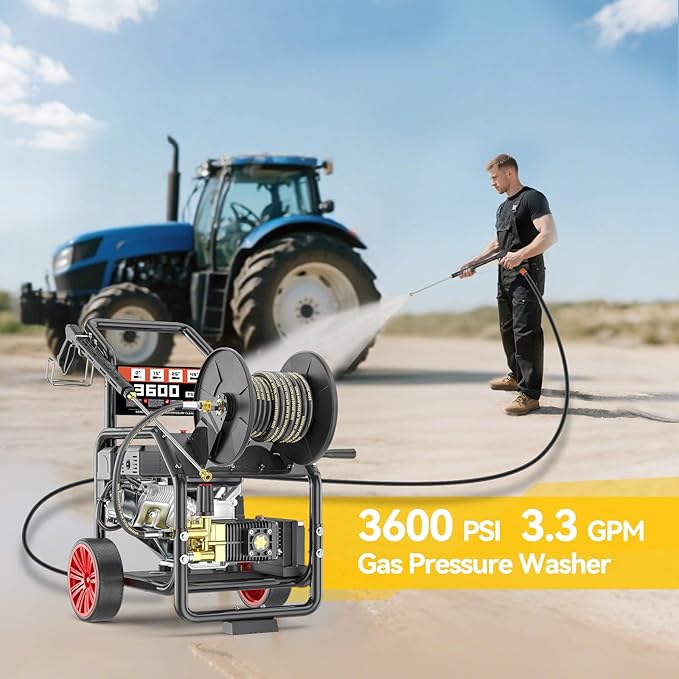 3600PSI Gas Pressure Washer with Hose Reel, 3.3 GPM, One-Button Electric Start 212cc 7HP Commercial Pressure Washer with 50FT 3/8" Hose, Spray Gun & Wand, 5 Quick Connect Nozzles