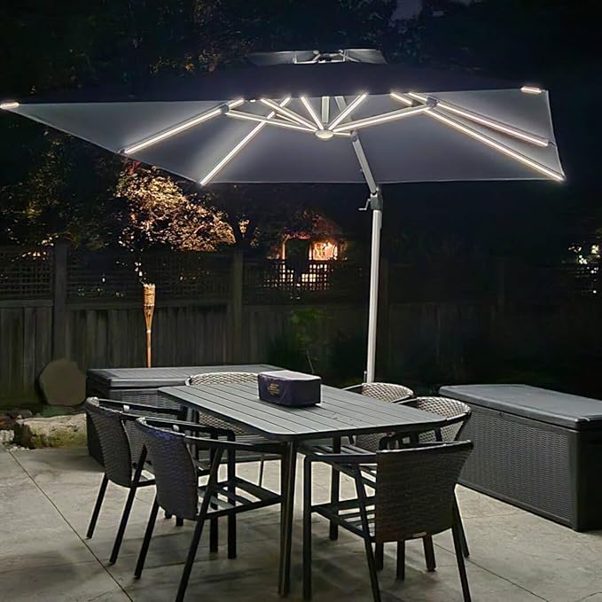 PURPLE LEAF 10 Feet Double Top Deluxe Solar Powered LED Square Patio Umbrella Offset Hanging Umbrella Outdoor Market Umbrella Garden Umbrella, Grey