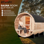Outdoor Barrel Sauna, 6 Person Wood Steam Saunas Room with Porch, 6kw Toule Electric Heater with Sauna Stone, Canadian Helmock, Roof, 94.48”*70.86“*70.86“ (Helmock)