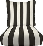 RSH DECOR: Deep Seating Cushion with Pillow Back | 25” x 25” Seat | Water and Fade-Resistant Spun Fabric | Outdoor Chair Cushion Set for Patio Furniture | Black & White Stripe