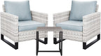 Wicker Outdoor Patio Chairs Set - 3 Piece Rattan Patio Furniture Bistro Chairs Set with Waterproof Wicker,Comfortable Cushions and Sturdy Metal Frame for Porch Deck Backyard(Light Grey/Sky Blue)