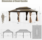 Domi 12’ x 18’ Hardtop Gazebo Aluminum Frame Canopy with Netting & Curtains, Outdoor Permanent Metal Pavilion with Galvanized Steel Double Roof for Patio Lawn and Garden, Brown