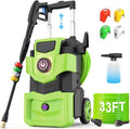 Adjustable Pressure Cleaner with 33FT Flexible Extension Hose + 34FT Power Cord, 4 Nozzles, Foam Cannon, Best Power Cleaner for Cars, Patios, Driveways, Green