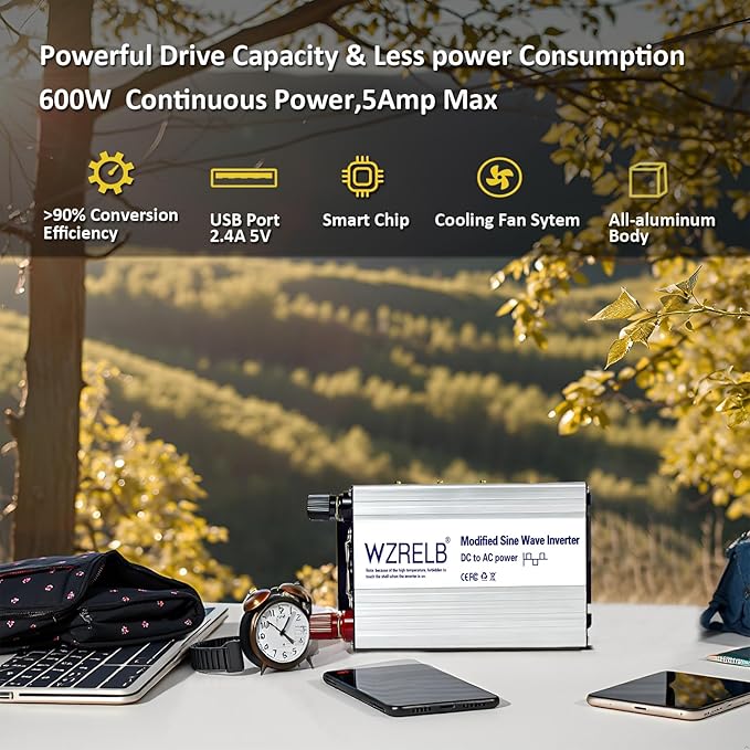 WZRELB 600W Power Inverter 12V DC to 110V 120V AC,Modified Sine Wave Car Inverter for Vehicles with LED Display,5V/2.4A USB Port,Soft Starter,Off-Grid Power Converter with High Efficiency up to 90%