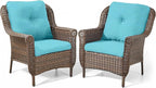 Patio Wicker Chairs Outdoor Furniture Chair - Set of 2 Outside All Weather Lawn Dining Brown Rattan Armchair with High Back&Deep Seating for Deck Porch Balcony Backyard Garden - Turqoise