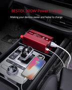 BESTEK 300Watt Pure Sine Wave Power Inverter - DC 12V to AC 110V Car Plug Inverter Adapter, Power Converter with 4.8A Dual USB Charging Ports and 2 AC Outlets Car Charger