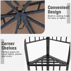 COOS BAY 8x8 Outdoor Patio Gazebo with Netting and Corner Shelves, Two-Tier Soft Top Canopy for Backyard, Lawn, Deck and Garden, Brown