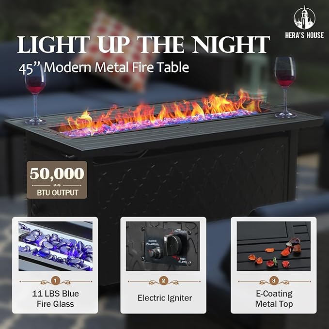 HERA'S HOUSE 4 Pieces Patio Furniture Set with Fire Pit Table, 2 x Rocking Chair, 3-Seat Sofa with 45" Fire Pit Table, Outdoor Conversation Set for Garden Poolside Backyard, Pacific Blue