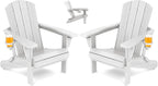 SERWALL Folding Adirondack Chair Set of 2, Reclining Adirondack Chair with 3 Recline Positions, All Weather HDPE Outdoor Adirondack, White