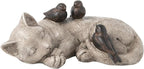 Sleeping Cat Garden Statues Outdoor - 12" Sparrows On Cat Figurine Memorial Statue Grave Markers Garden Resin Statues for Outdoor Decor Outdoor Statue Resin 12" x 8" x 4.5"
