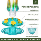 Kingsyard Hummingbird Feeder for Outdoors Hanging, 25 Ounces, Glass Humming Bird Nectar Feeder with Ant Moat & 6 Feeding Ports, Leak Proof, Turquoise
