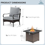MFSTUDIO 5 Pieces Outdoor Patio Furniture Set, Metal Outdoor Conversation Sofa, Rattan Wicker Patio Sectional Sofa Set with 4 x Fixed Single Sofa, 1 x Fire Pit Table, Grey