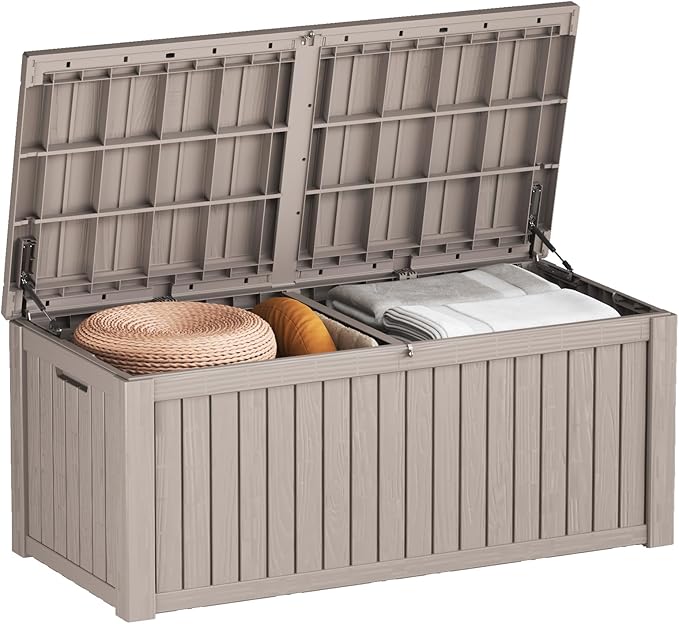 180 Gallon Waterproof Large Resin Deck Box Indoor/Outdoor Lockable Storage Container and Seating for Garden, Pool, and Patio (180 Gallon, Grey)