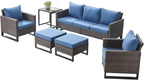 Rilyson Wicker Outdoor Patio Furniture Set - 6 Piece Patio Conversation Set with 2 Armrest Chairs,2 Rattan Ottoman,1 Couch and 1 Metal Side Table for Outside Porch Deck Backyard(Brown/Blue)