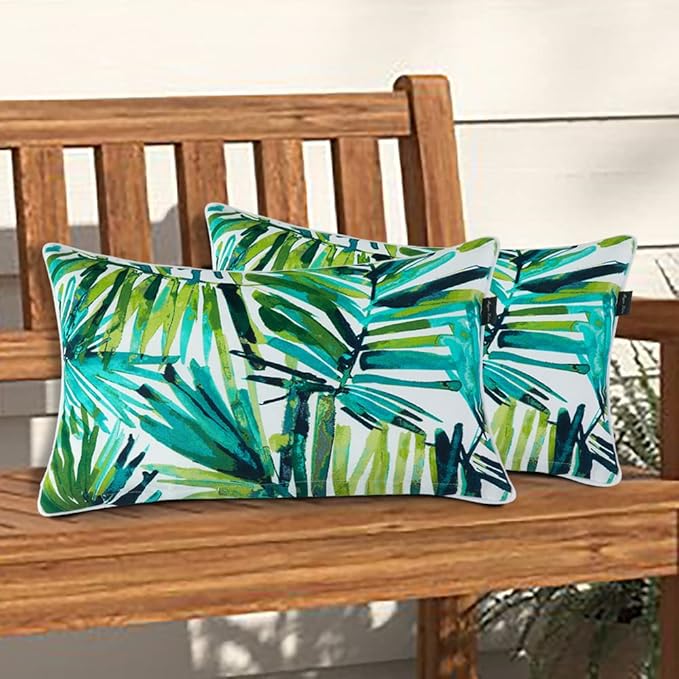 Magpie Fabrics Patio Lumbar Pillow Covers ONLY 20"x12", Set of 2, Outdoor Indoor Cushion Cases Decorative Throw Rectangular Pillowcase Shell for Couch Garden - Green Palm Leaves