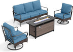 Patio Furniture Set with 56" Fire Pit Table, Premium Outdoor Wicker Metal Frame Furniture with Upgraded Waterproof Thick Cushions for Porch, Poolside, Deck, and Yard（4 Pieces,Navy