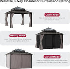 SUNJOY Kingston 12' x 10' Hardtop Gazebo with Galvanized Steel/Polycarbonate Double Roof, Curtain and Netting, Brown Aluminum Posts Permanent Pavilion Gazebo for Garden, Patio, Deck, Lawn