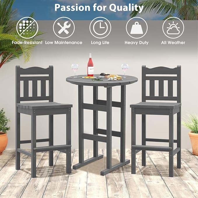 Sundale Outdoor Adirondack Round Bar Table, 39 Inch Height Patio Large Pub Table for 4, All Weather HDPE High Top Bistro Counter Tabl for Outside Deck Porch Balcony Poolside, Gray