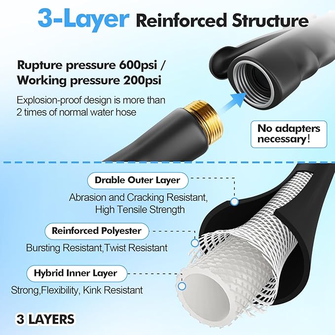 SPECILITE 3/4" Hot/Cold Garden Hose 50 ft with Industrial High Pressure Nozzle, Flexible & Lightweight, 600psi Burst Rubber Water hose -50℉-158℉ With 3/4" Brass Fittings for Yard, Black