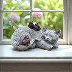 Cat Statue Outdoor Garden Decor - 11.4" Sparrows on Cat Figurine Memorial Grave Markers Garden Resin Sculpture for Outdoor Decoration, Pet Statues Gifts for Loss of Tabby Sympathy 11.4" x 7.1" x 4.6"