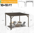 10x10FT Lean to Gazebo, Outdoor Hardtop Wall Mount Gazebo with Gutter & Sloping Galvanized Steel Roof, Metal Hard Top Awnings for Deck, Porch, Backyard- Brown