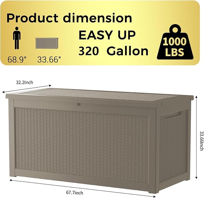 320 Gallon Lockable Resin Deck Box, Waterproof & UV-Resistant Outdoor Storage Box for Outdoor Cushion Storage, Garden Tools & Pool Accessories Storage, Gray