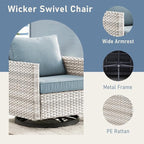 Wicker Patio Furniture Set：7 Piece Outdoor Patio Furniture Set with 2 Swivel Patio Chairs 2 Single Chairs a Coffee Table and 2 Ottomans, Light Grey Wicker/Light Blue Cushion