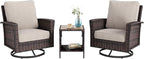 Oversized Patio Wicker Chairs, High Back Outdoor Swivel Chairs Set of 2 with Rattan Side Table, 5.5" Thick Cushions, 3-Piece Patio Furniture Sets for Deck Porch Pool, Brown/Beige
